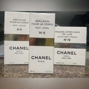 Chanel No.5 body lotion and No. 19 bath powder